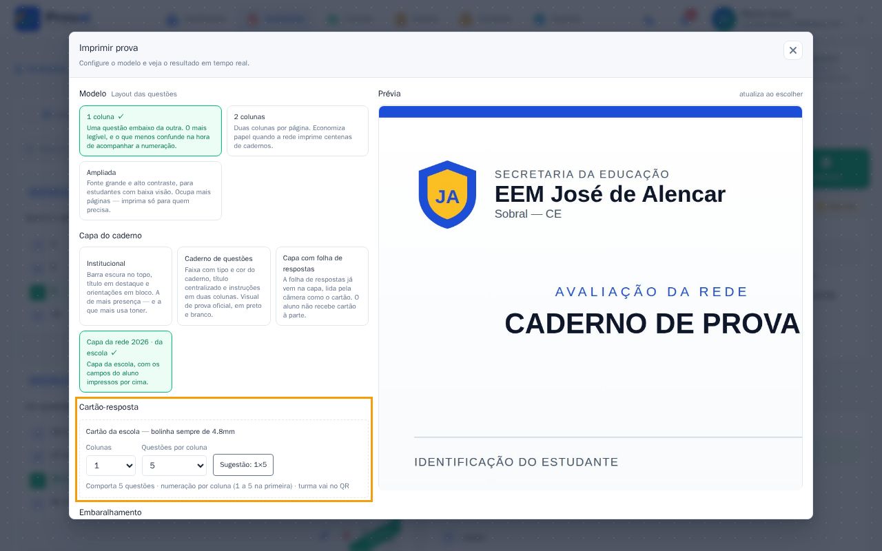 Janela de impressão da avaliação da escola com o cartão configurado
