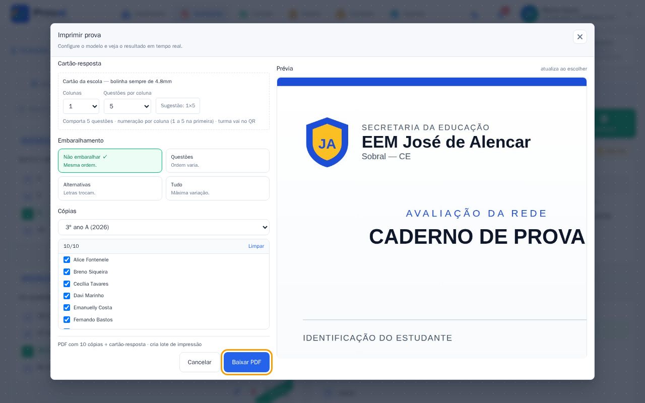 Resumo da impressão com o botão Baixar PDF