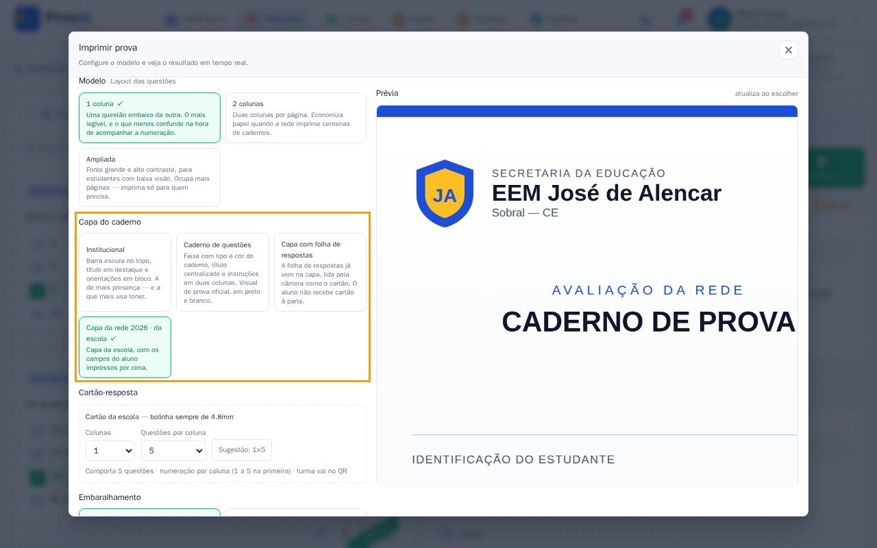 Janela de impressão com a capa da escola escolhida