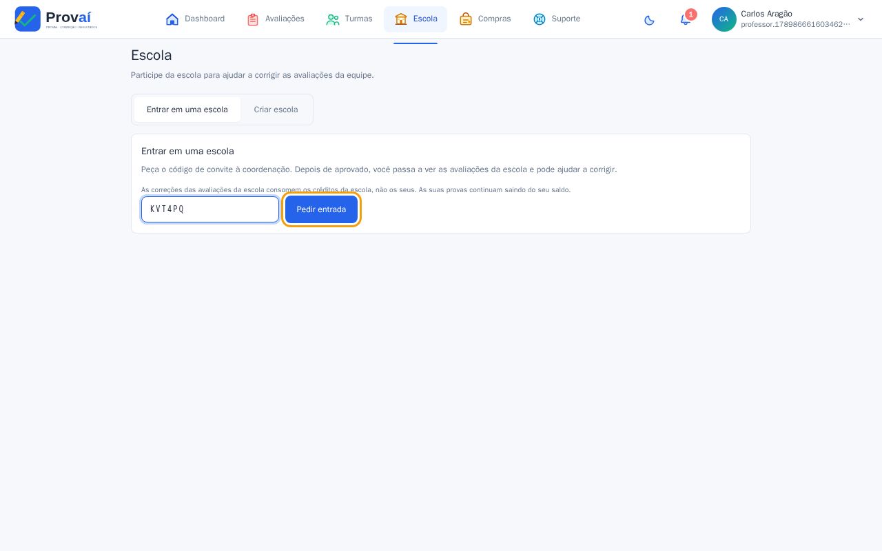 Tela do professor com o código digitado e o botão Pedir entrada