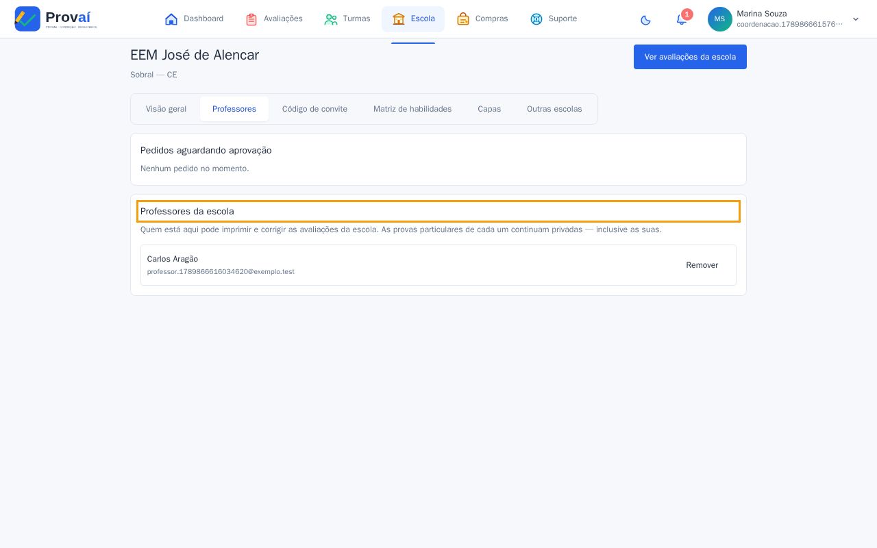 Lista de professores da escola