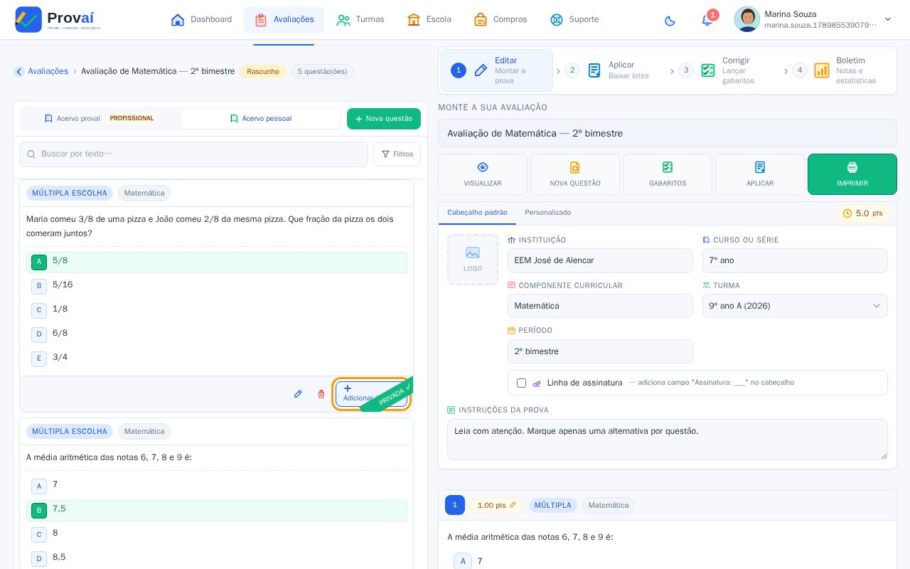 Aba Acervo pessoal com a questão criada e o botão Adicionar à prova