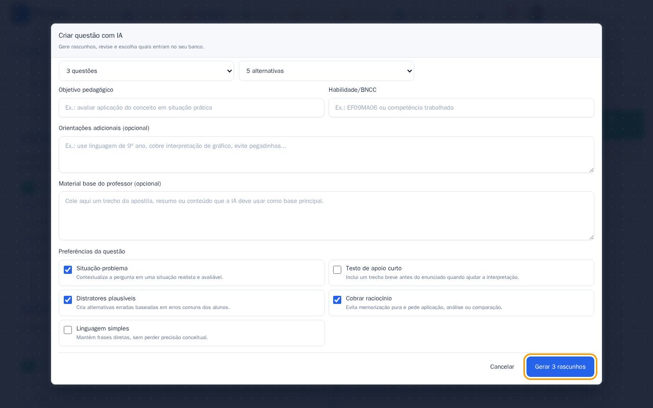 Janela Criar questão com IA preenchida