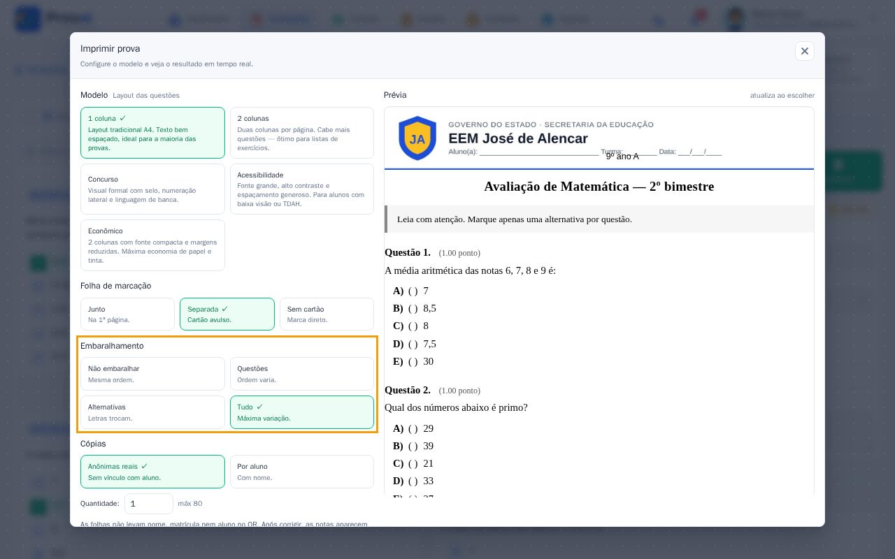 Opções de embaralhamento