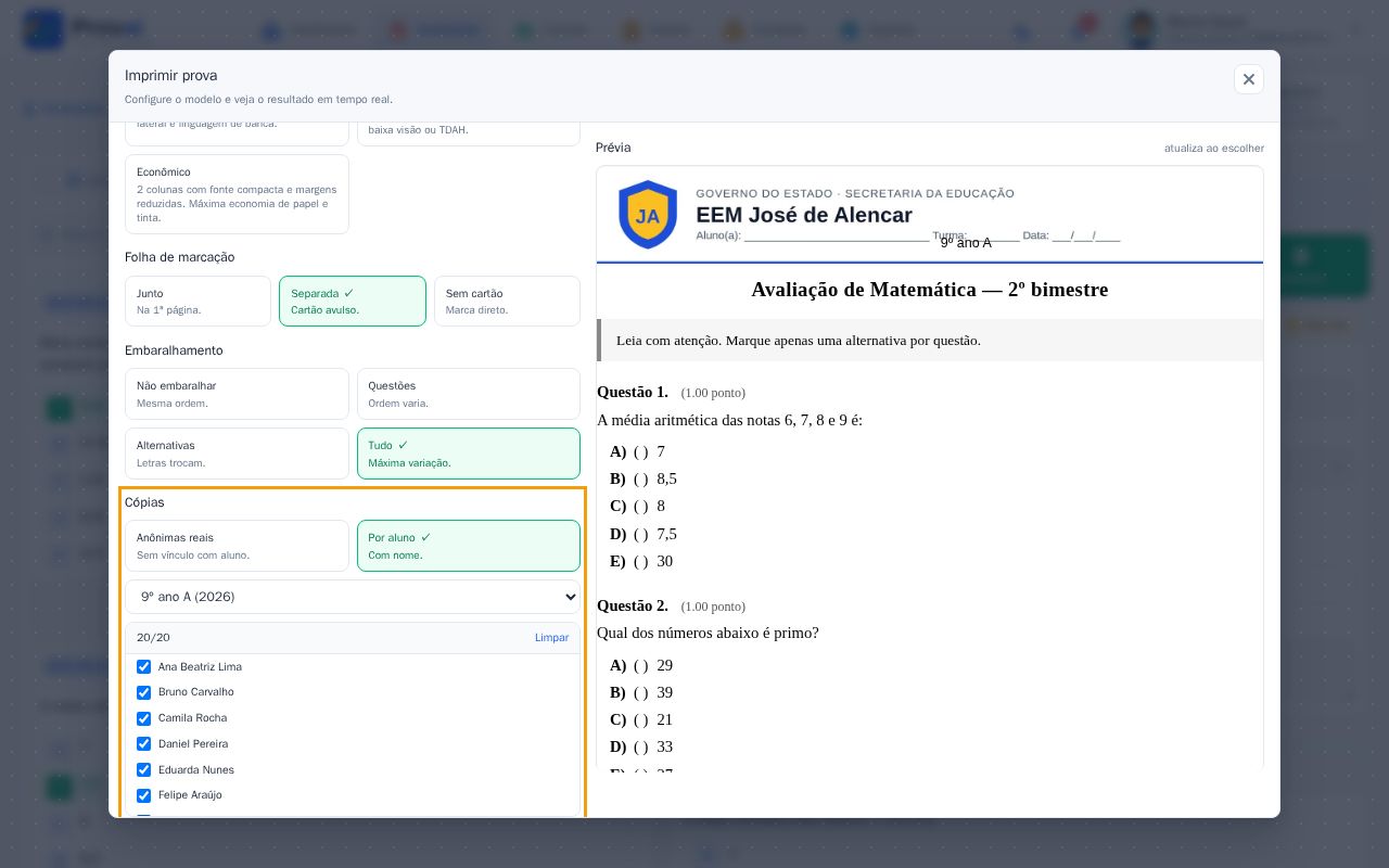 Cópias por aluno com a turma escolhida e a lista de alunos marcados