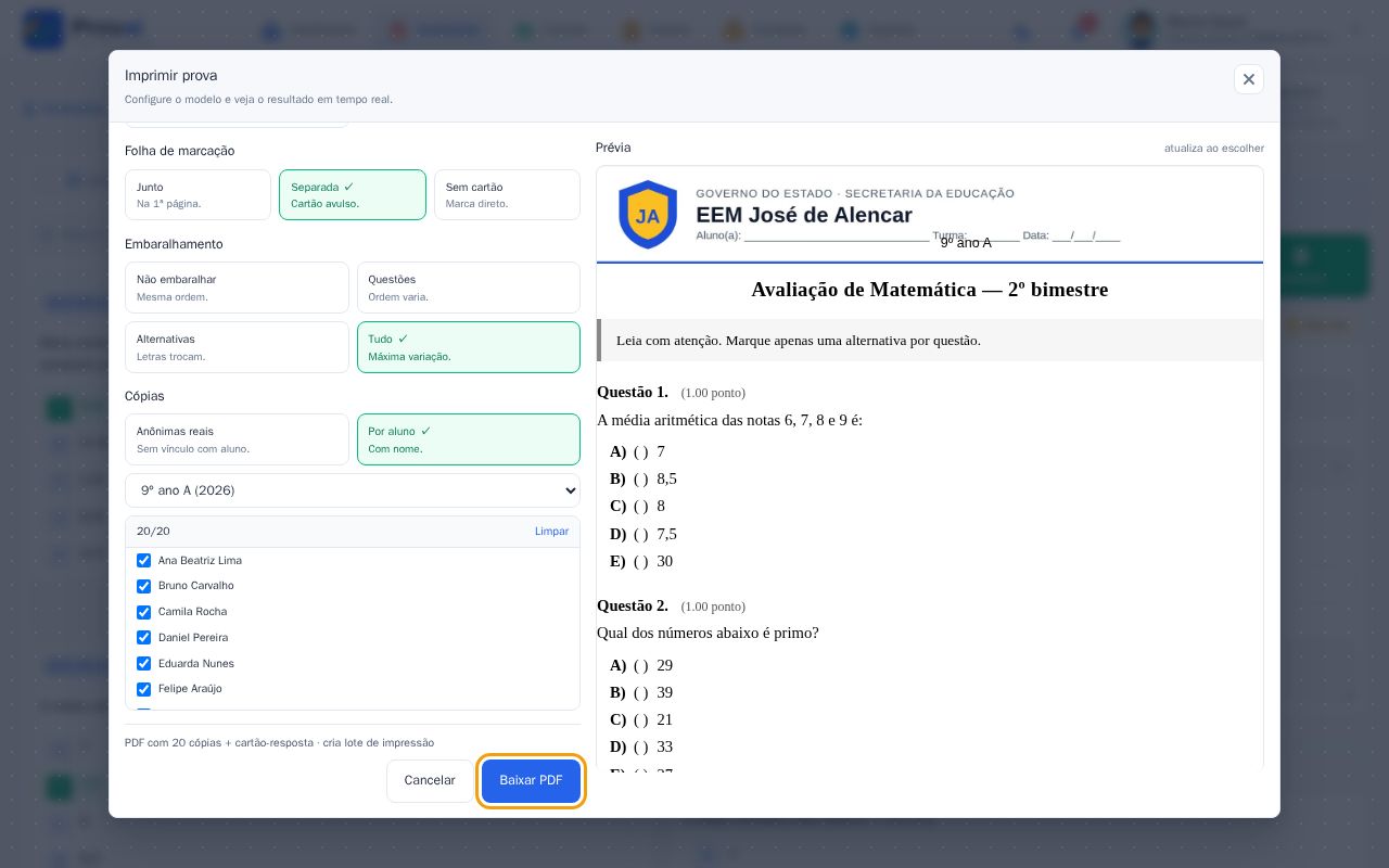Resumo das cópias e o botão Baixar PDF