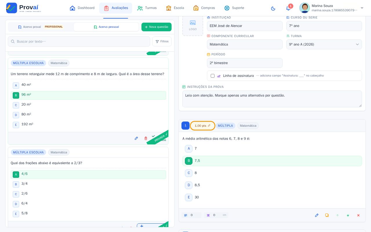 Prova com três questões, a pontuação e os botões de ordenar