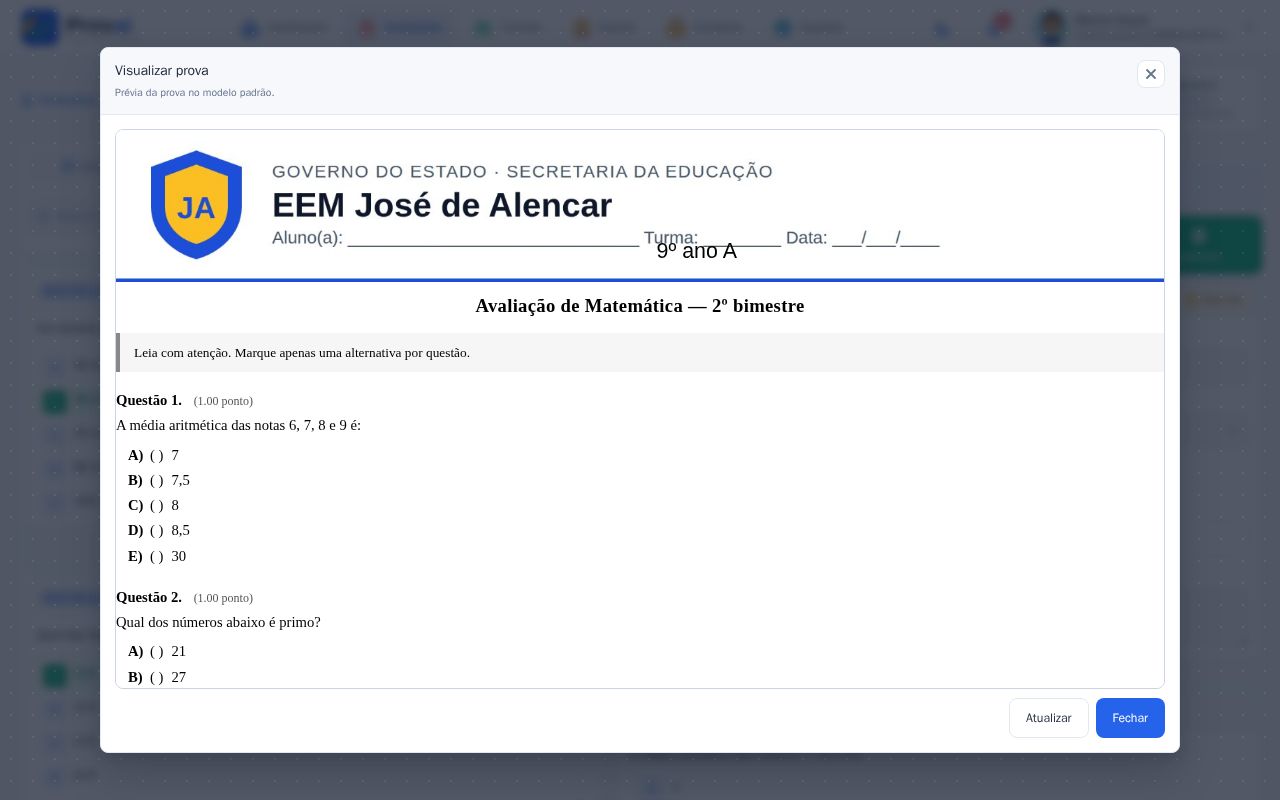 Janela Visualizar prova com a prévia da impressão