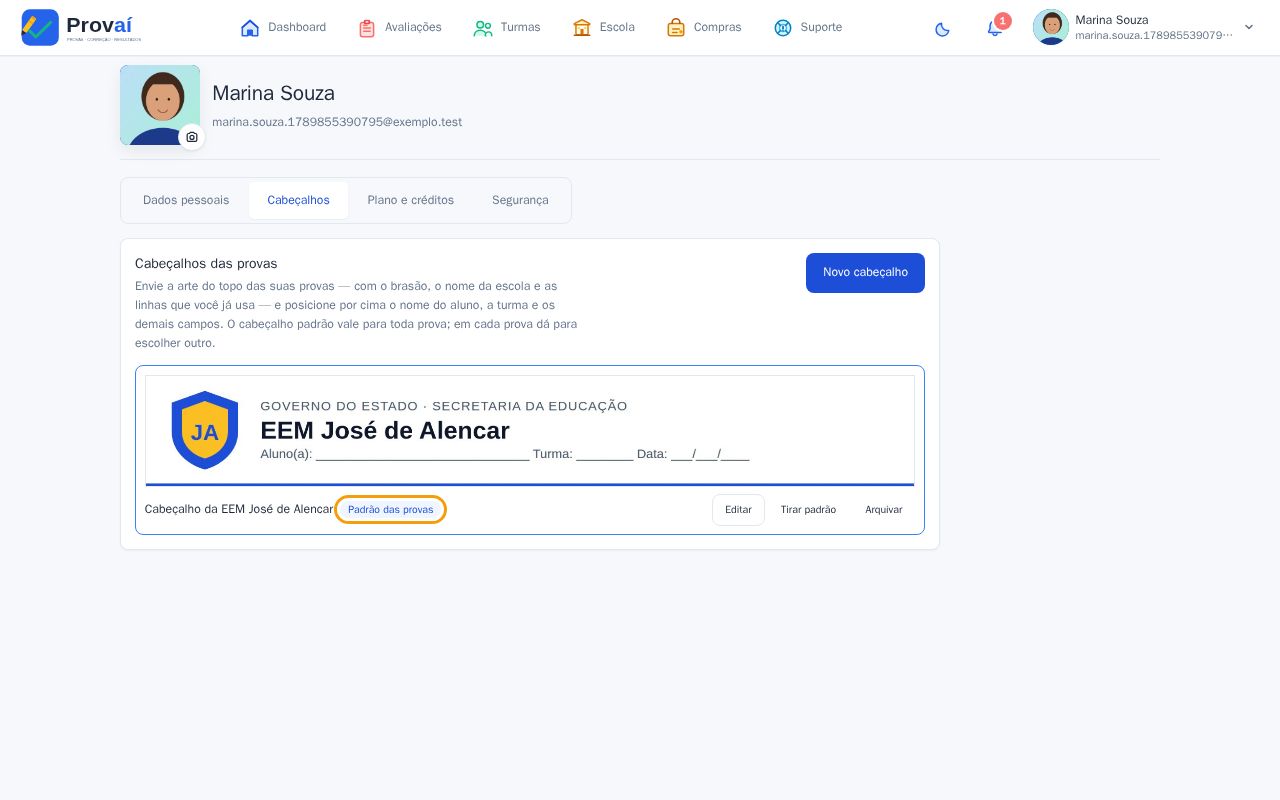 Lista de cabeçalhos com o selo Padrão das provas